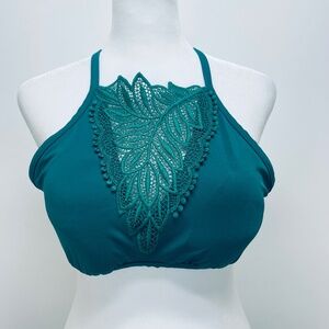 Women’s Bralette Bra Size L Crochet Lace High Neck Unlined Green